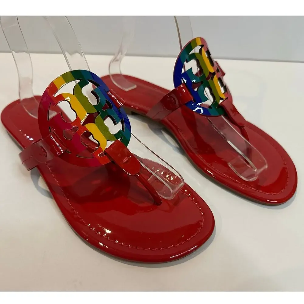 Tory Burch Miller Limited Edition Rainbow Leather Sandals Sz 9.5 Red Logo Sandal